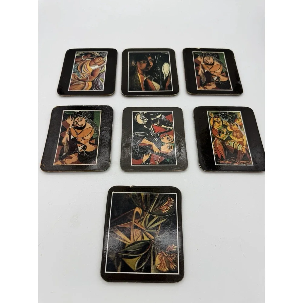 George Keyt Art Coasters Set of 7 Vintage Sri Lanka Cubist Krishna Gopis